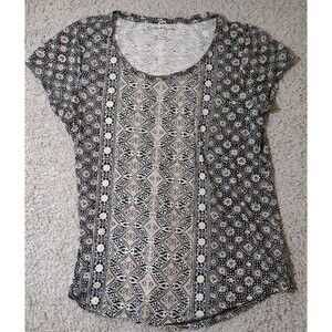 Lucky Brand T-shirt Blouse Short Sleeve Geometric Black Tan White